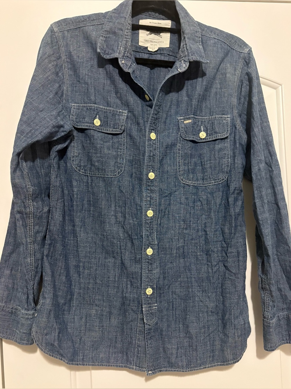 OBEY Propaganda Cotton Med BLUE Chambray Shirt, Contrasting White Stitch LG EPOC
